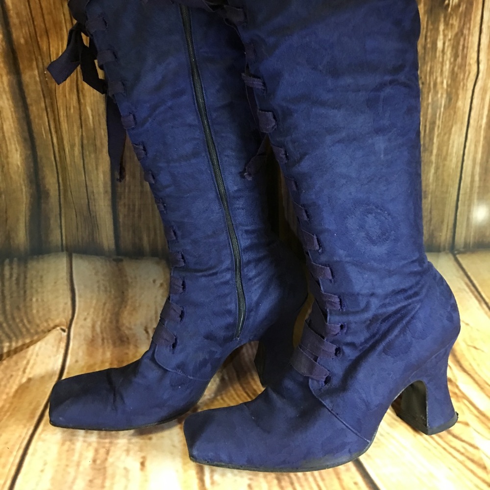 Blue Brocade Lace-up Boots - 37